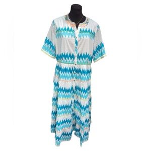 NWT John Mark Women’s M Midi Dress White Turquoise Chevron Cotton Button, Boho